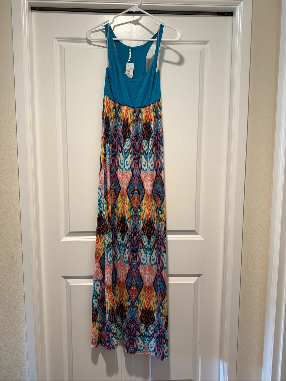 Women’s Teal Bodice Multicolor Printed Maxi Dress